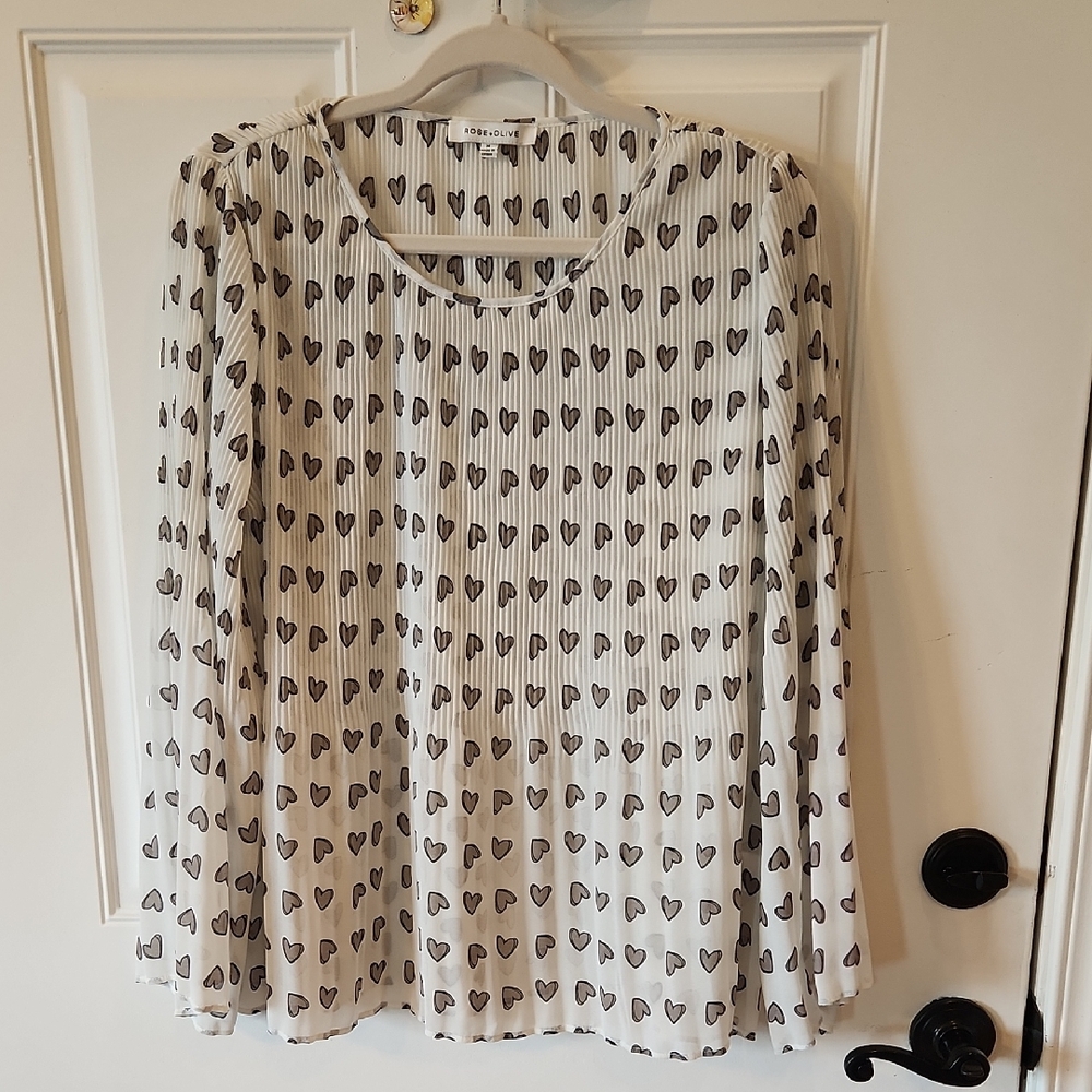 Rose & Olive White Blouse with Black Heart Pattern